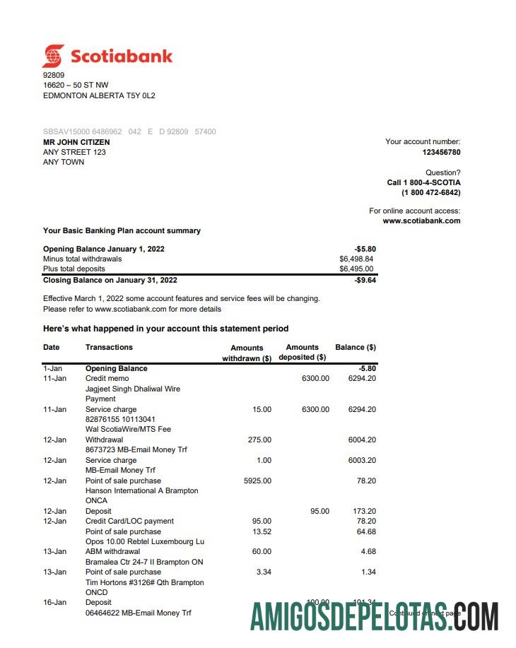 Australia Scotiabank Statement 2 Pages Xls amostra